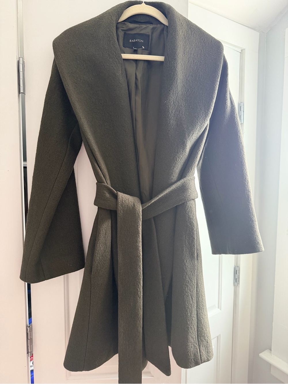 Babaton Aritzia Olive Green Belted Wool Coat Kimono